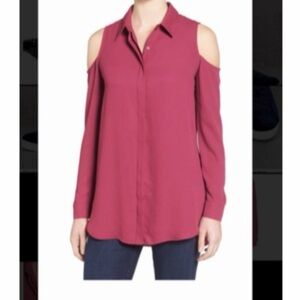 NWT DKNY Women's Pink Button Down Cold Shoulder Long Sleeve Blouse Size Large